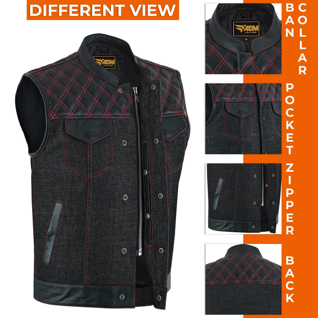 Black Denim Vest Men Biker Leather Trim Red Stitching Motorcycle Sleeveless Fitted Trucker Top