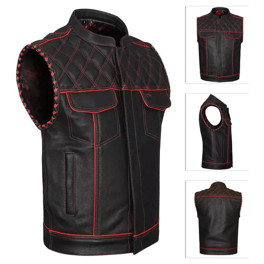 Handmade Cowhide Leather Biker Vest: Red Stitch, Concealed Carry