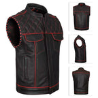 Handmade Cowhide Leather Biker Vest: Red Stitch, Concealed Carry