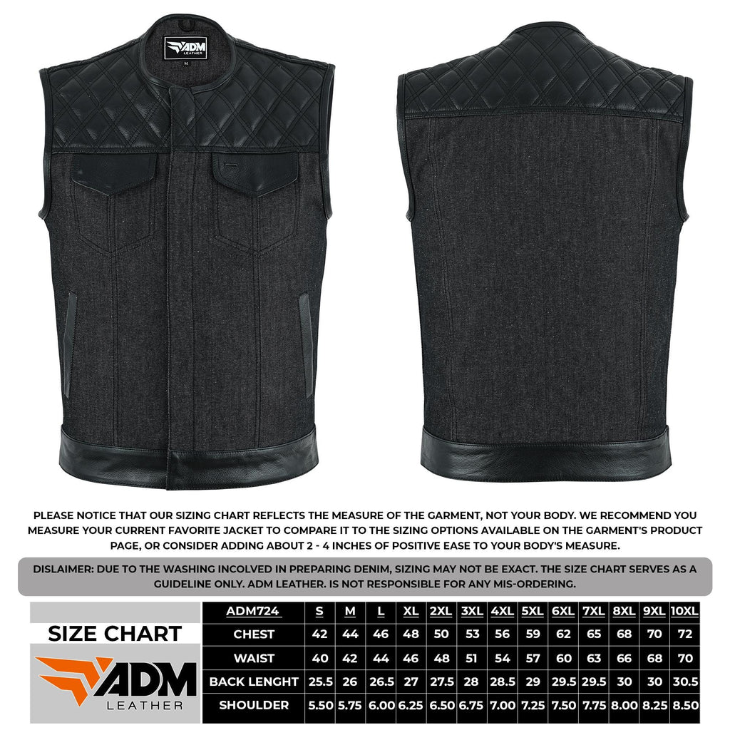 Denim Leather Vest Men SOA Style Quilted Shoulders Concealed Carry Fitted Biker Trucker Sleeveless