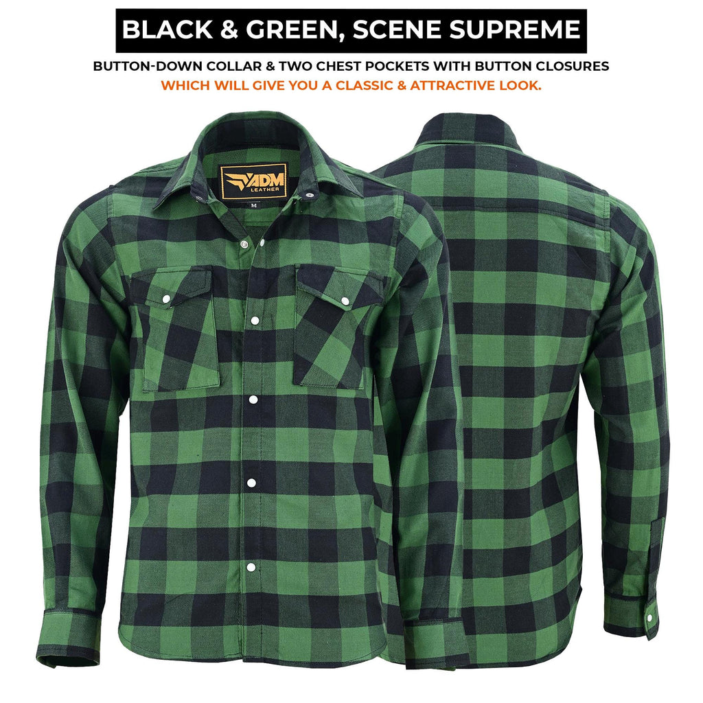 Heavy Duty Armored Biker Flannel Plaid Motorcycle Riding Shirt | Green & Black Kevlar Safety Gear