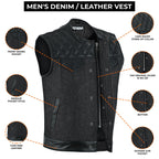 Denim Leather Vest Men Quilted Concealed Carry Fitted Biker Trucker Motorcycle Sleeveless Jacket