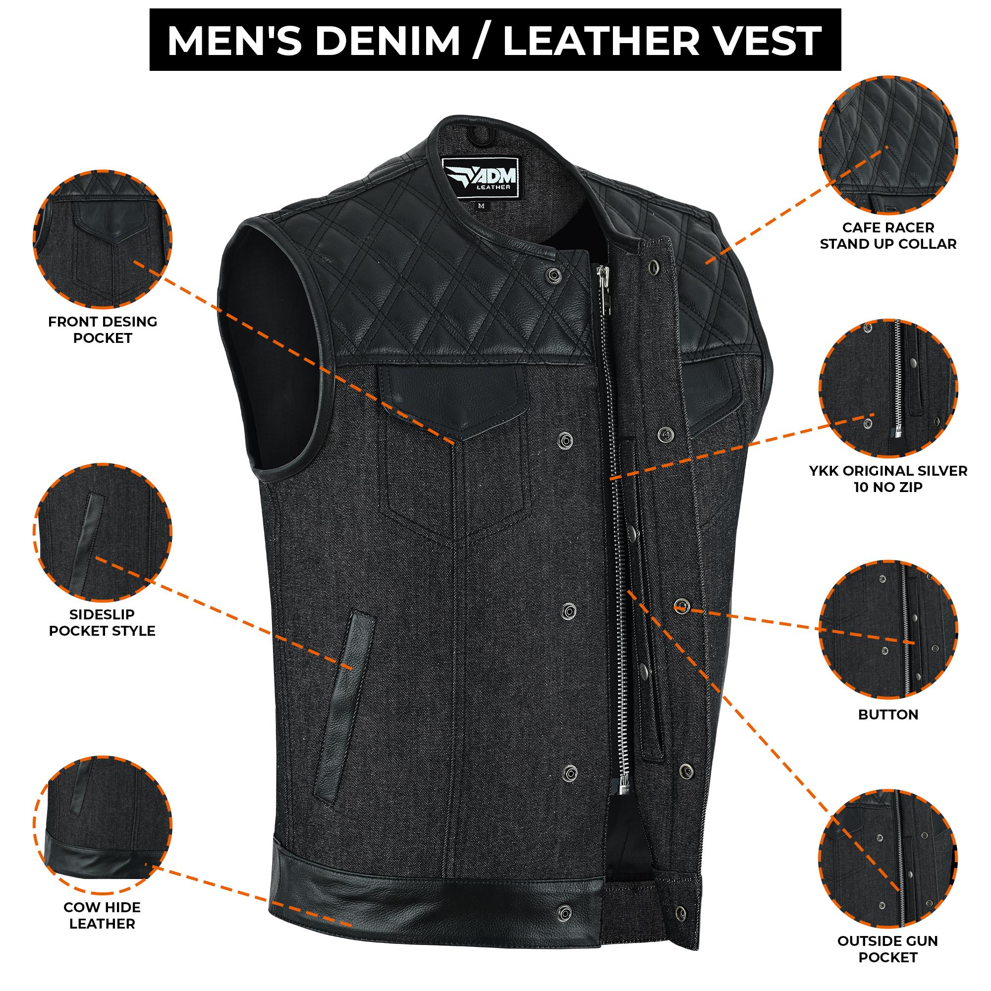 Denim Leather Vest Men Quilted Concealed Carry Fitted Biker Trucker Motorcycle Sleeveless Jacket