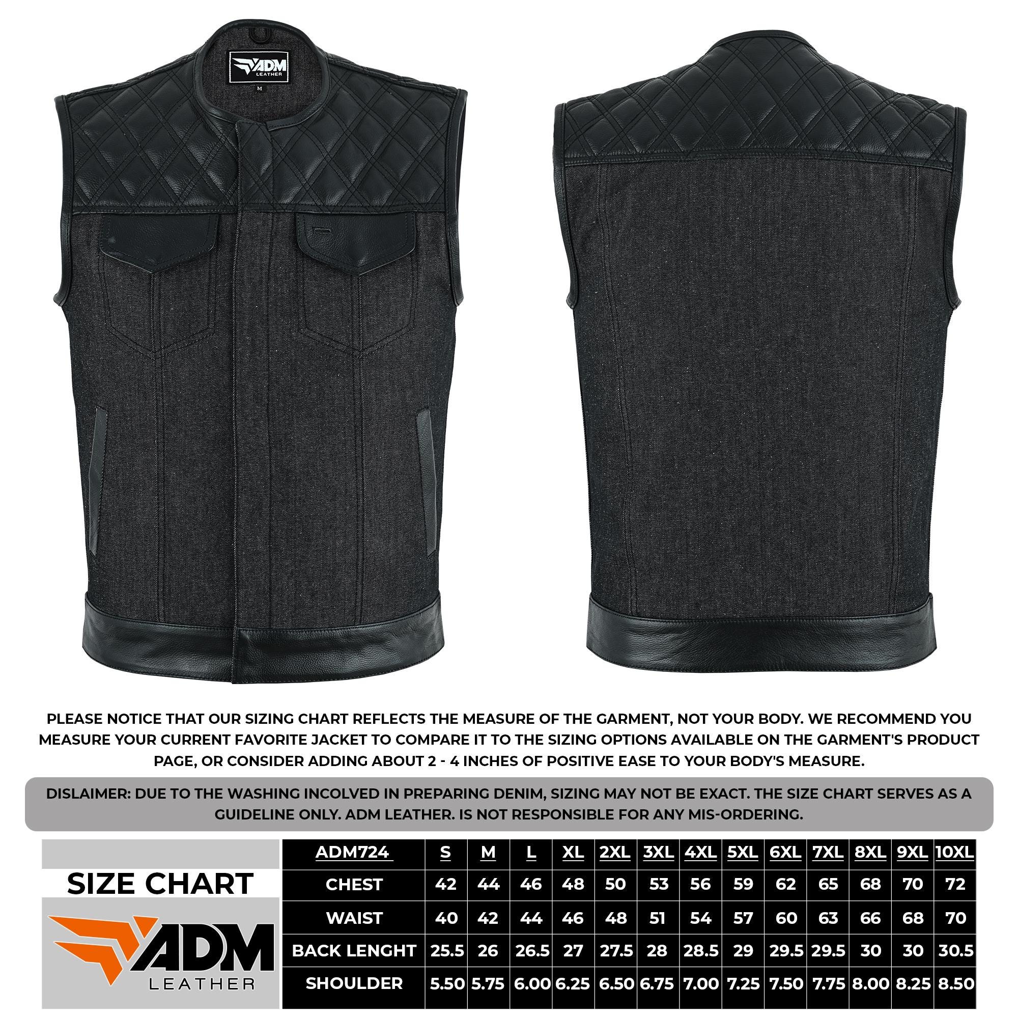 Denim Leather Vest Men Quilted Concealed Carry Fitted Biker Trucker Motorcycle Sleeveless Jacket
