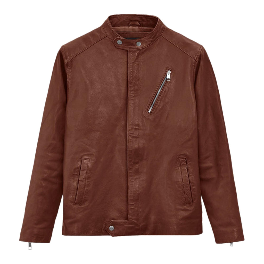 Men's Brown Leather Biker Jacket Cafe Racer Motorcycle Stylish Casual Coat for Men Gift for Him