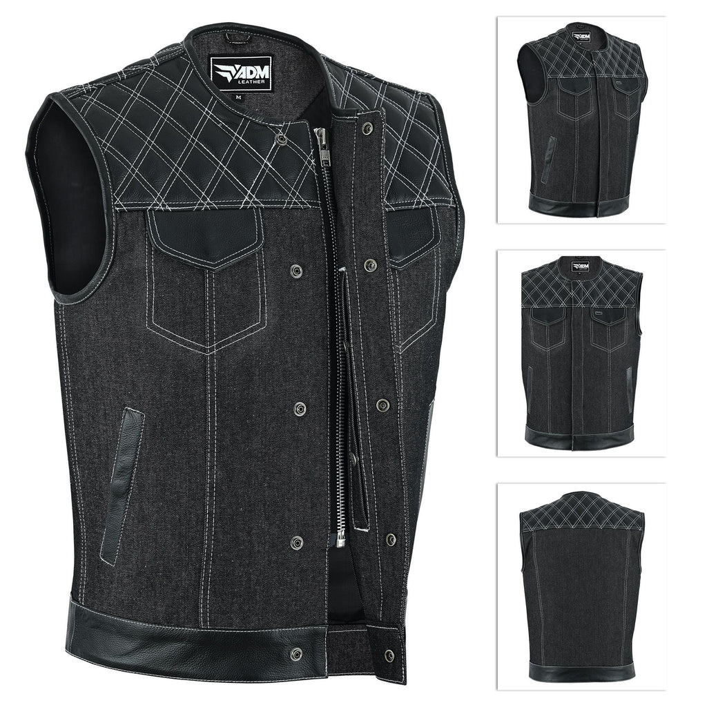 Denim Leather Vest Men SOA Style Quilted Shoulders Concealed Carry Fitted Biker Trucker Sleeveless