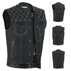 Denim Leather Vest Men SOA Style Quilted Shoulders Concealed Carry Fitted Biker Trucker Sleeveless