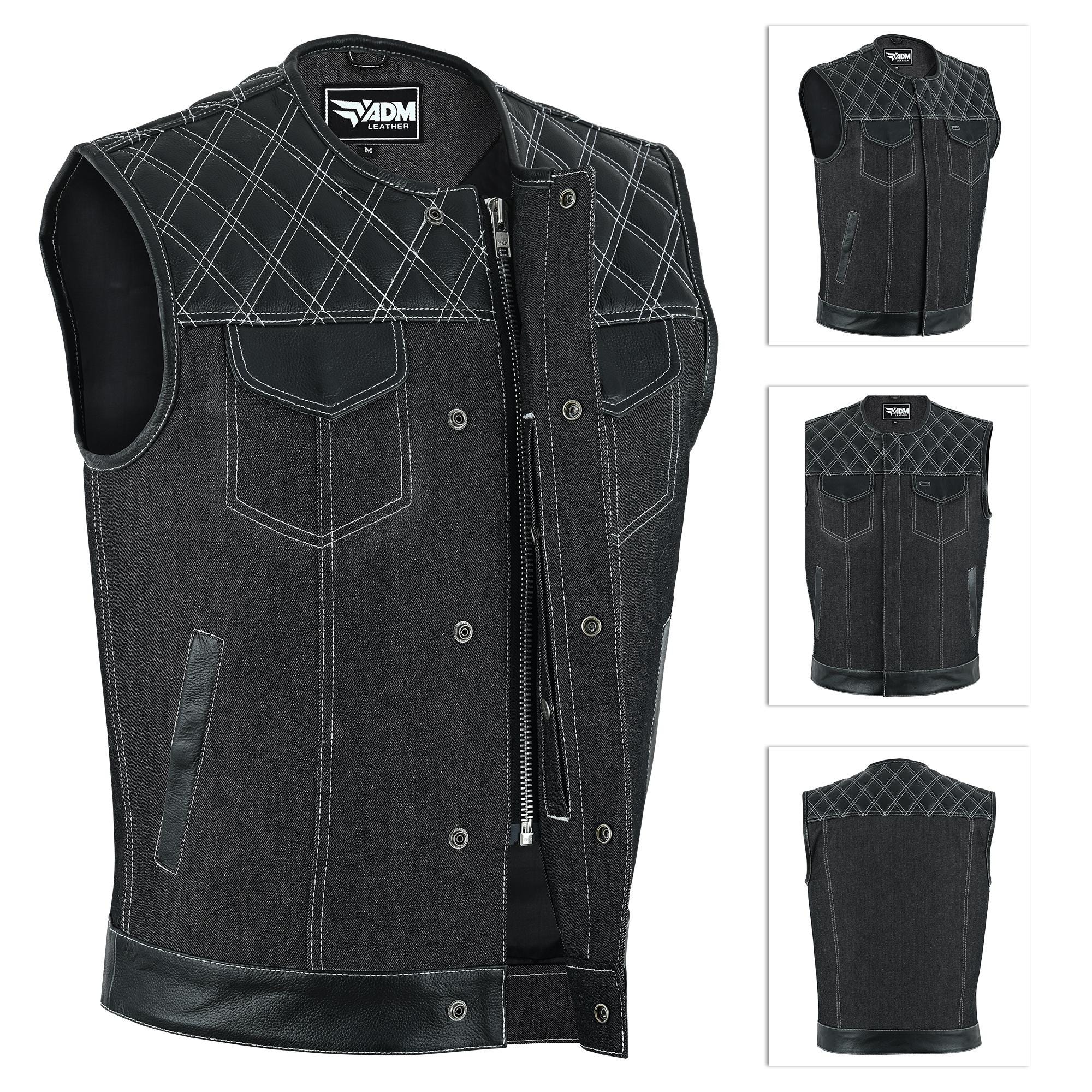 Denim Leather Vest Men SOA Style Quilted Shoulders Concealed Carry Fitted Biker Trucker Sleeveless