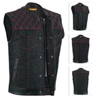 Denim Leather Vest Men SOA Style Quilted Shoulders Concealed Carry Fitted Biker Trucker Sleeveless