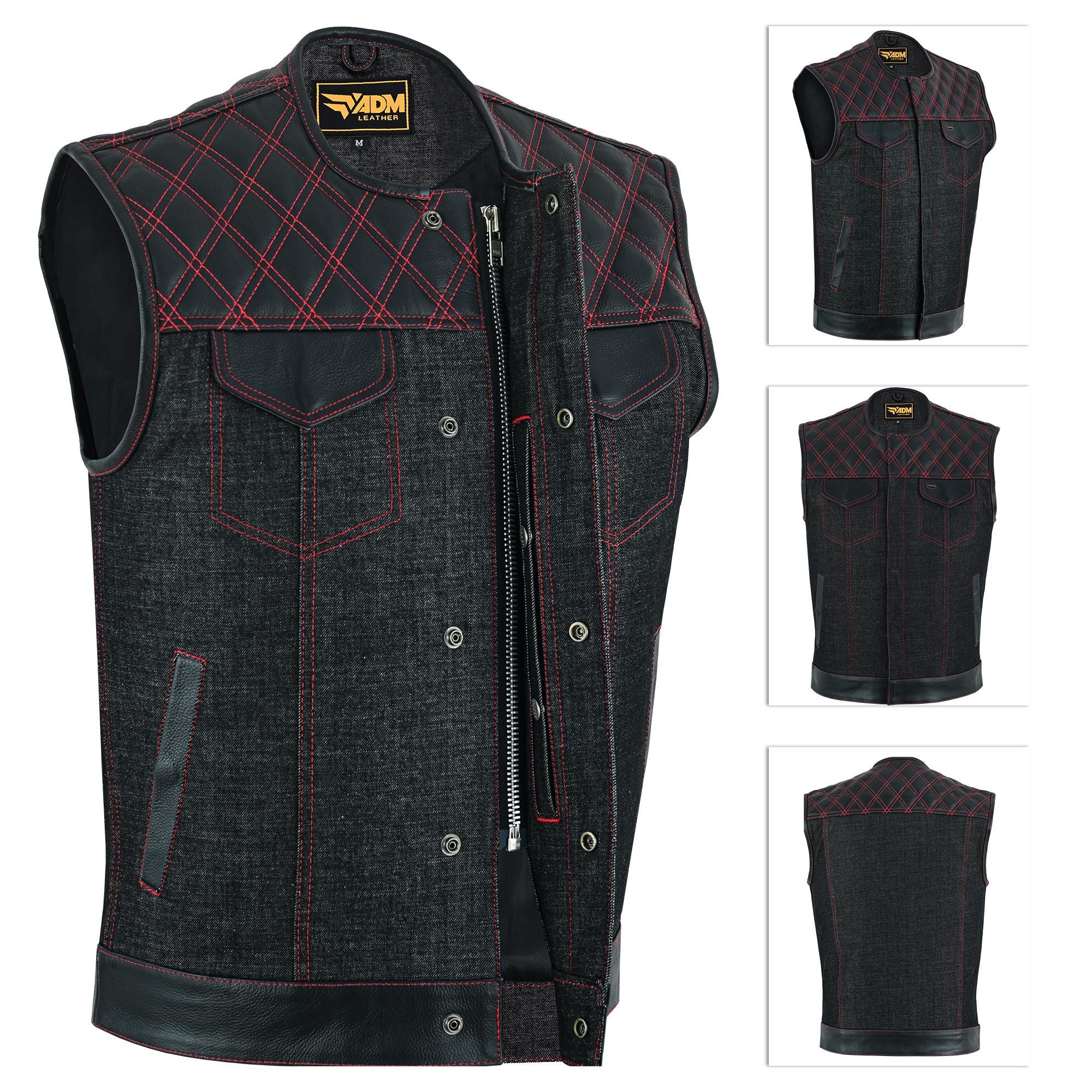 Denim Leather Vest Men SOA Style Quilted Shoulders Concealed Carry Fitted Biker Trucker Sleeveless