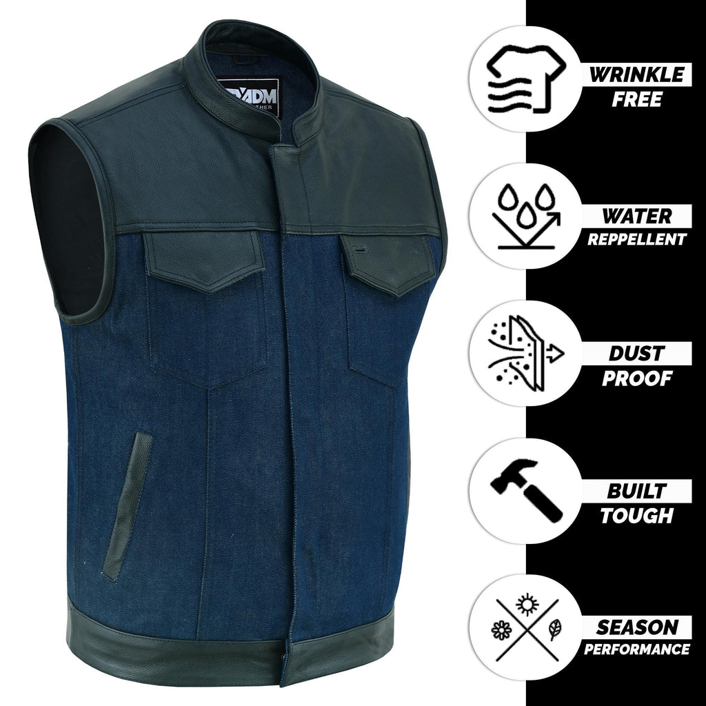Denim Leather Vest Men SOA Motorcycle Biker Club Style Concealed Carry Riding Sleeveless Jacket