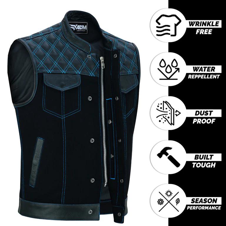 Mens Denim Leather Motorcycle Vest Quilted Shoulders Concealed Carry Biker Sleeveless Club Vests