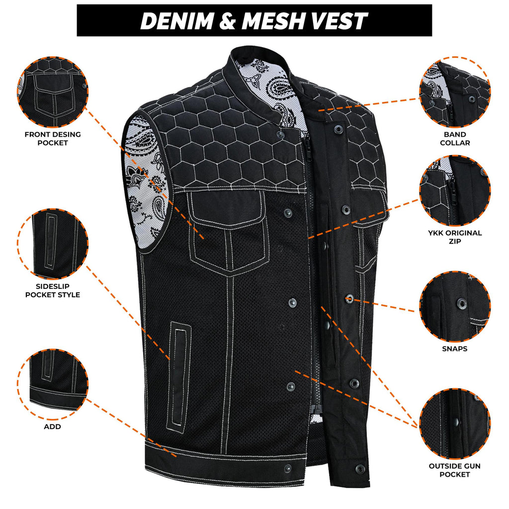 Men's Black Denim Biker Vest | Honeycomb Design, Concealed Pockets