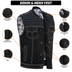 Men's Black Denim Biker Vest | Honeycomb Design, Concealed Pockets