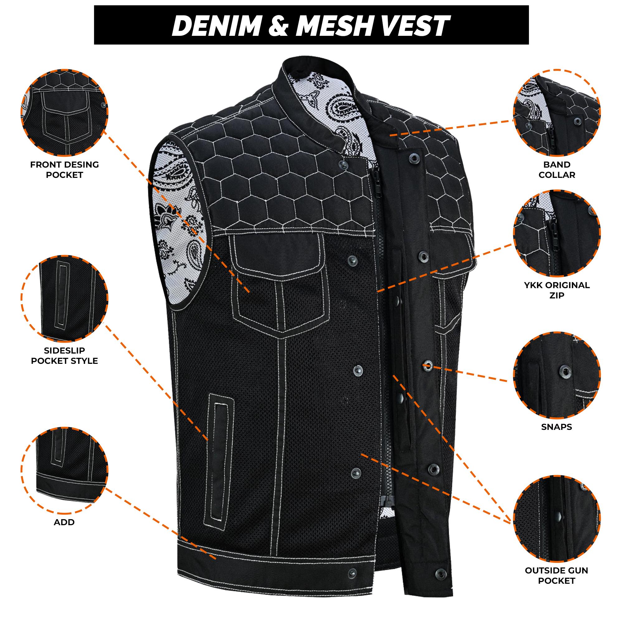 Men's Black Denim Biker Vest | Honeycomb Design, Concealed Pockets