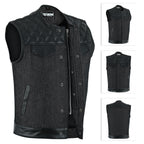 Denim Leather Vest Men Quilted Concealed Carry Fitted Biker Trucker Motorcycle Sleeveless Jacket