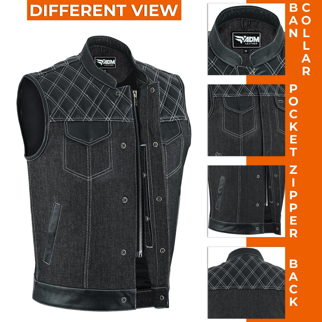 Mens Denim Biker Vest Club Style Motorcycle Concealed Carry Pockets Sleeveless Riding Jacket
