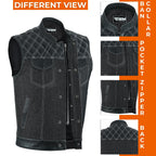 Mens Denim Biker Vest Club Style Motorcycle Concealed Carry Pockets Sleeveless Riding Jacket