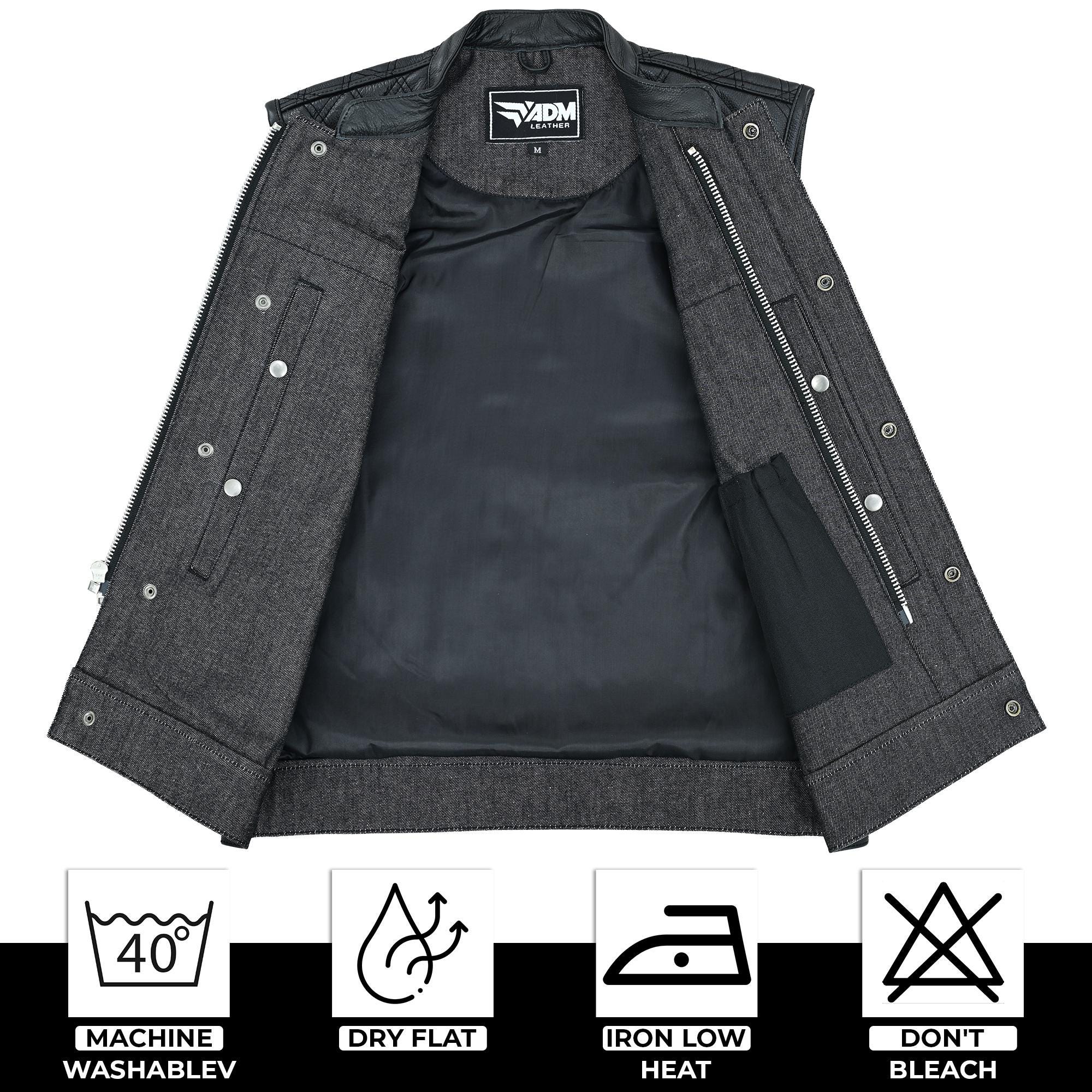 Black Denim Vest Men Biker Motorcycle Club Cutoff Concealed Carry Pockets Sleeveless Jacket