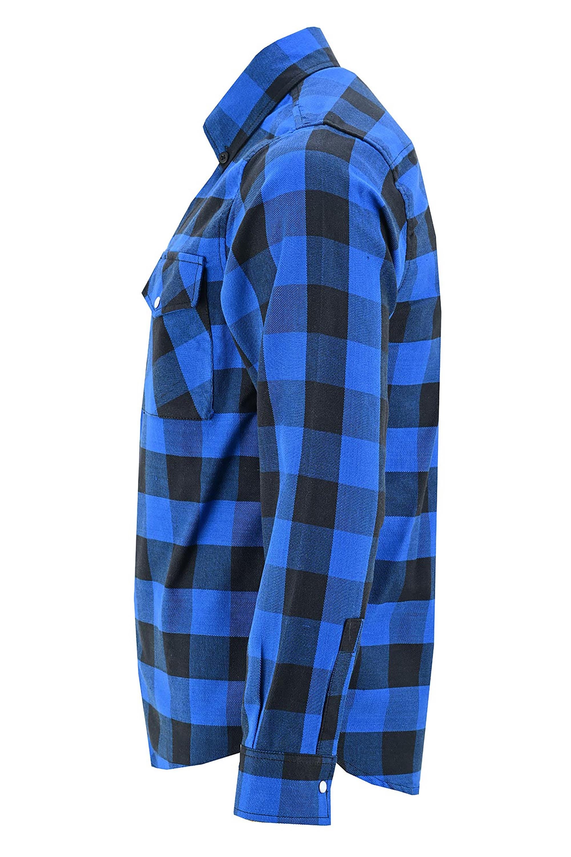 CE-Approved Flannel Shirt Motorcycle Armored Riding Gear | Blue & Black Kevlar Lined Plaid Biker Top