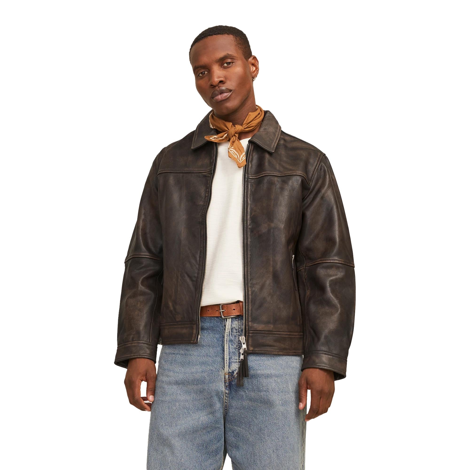 Leather Jacket Men Distressed Brown Vintage Biker Style Jackets For Men Stand Collar Motorcycle Coat