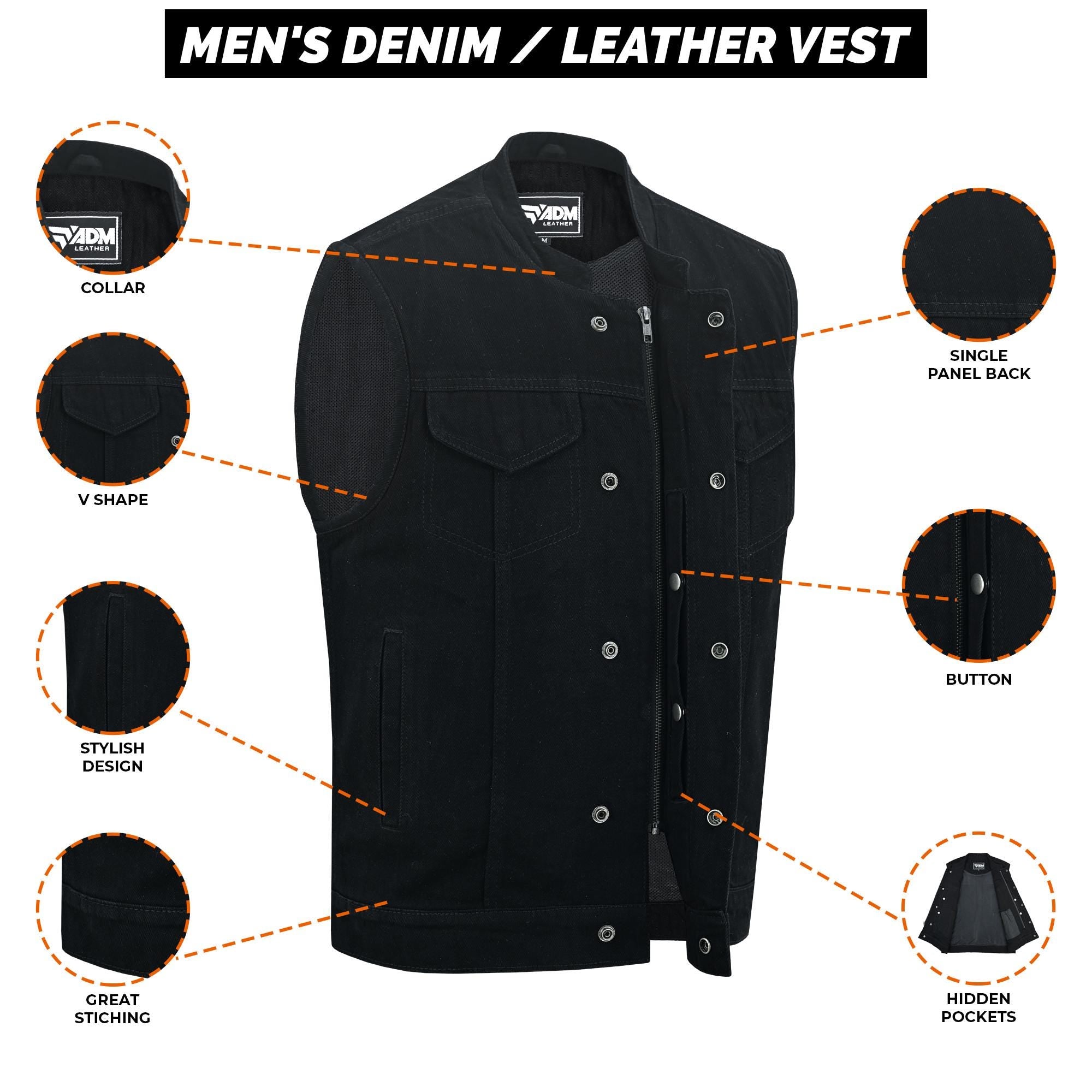 Mens Black Denim Vest Heavyweight Biker Gothic Rocker Sleeveless Jean Jacket Cutoff Punk Style