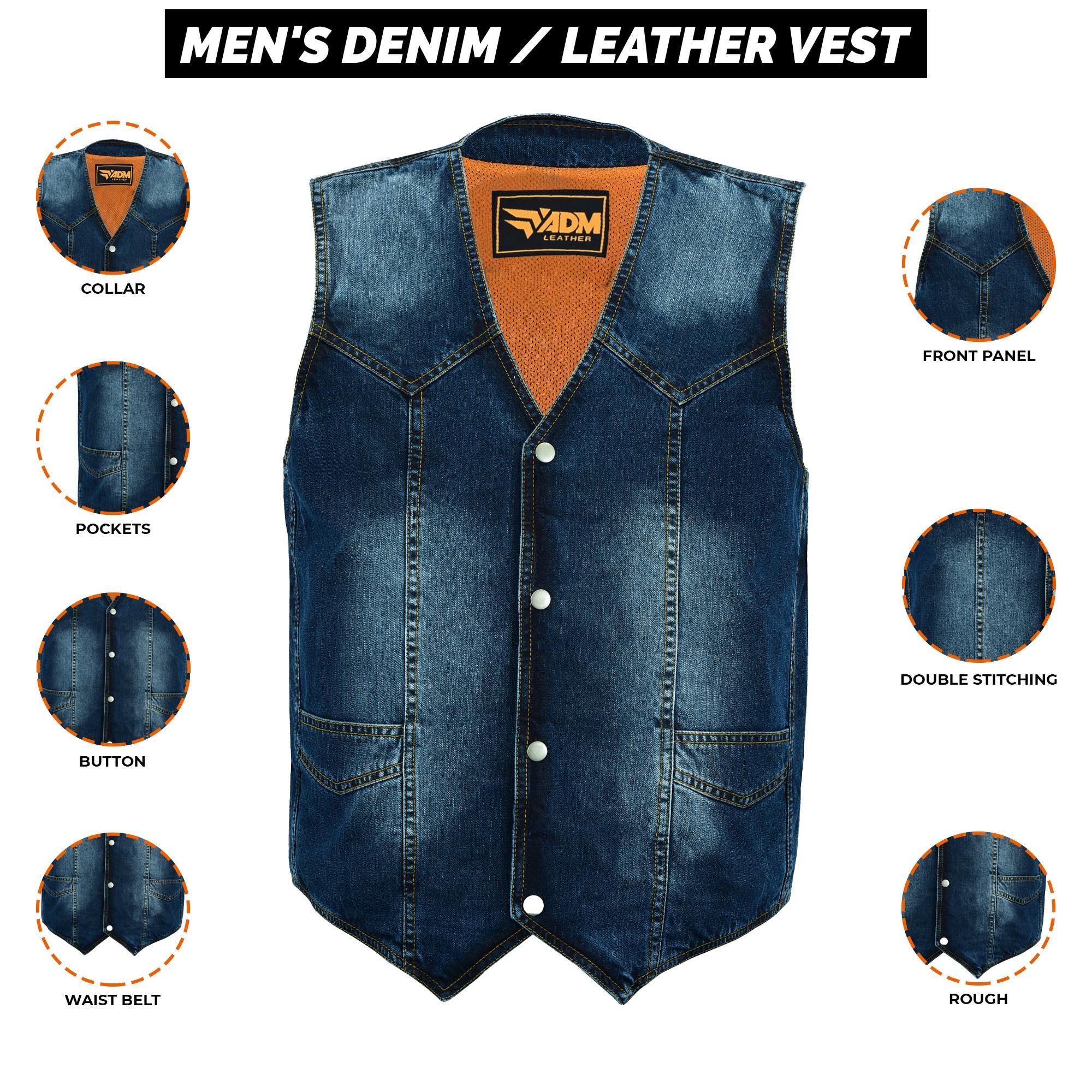 Vintage Mens Denim Vest Blue Jean Sleeveless Biker Style Trucker Festival Christmas Eve Outfit