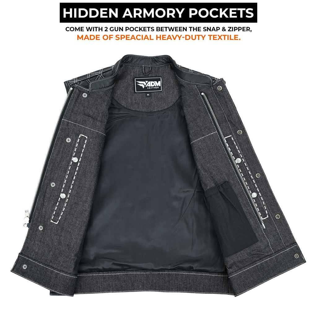 Mens Denim Biker Vest Club Style Motorcycle Concealed Carry Pockets Sleeveless Riding Jacket