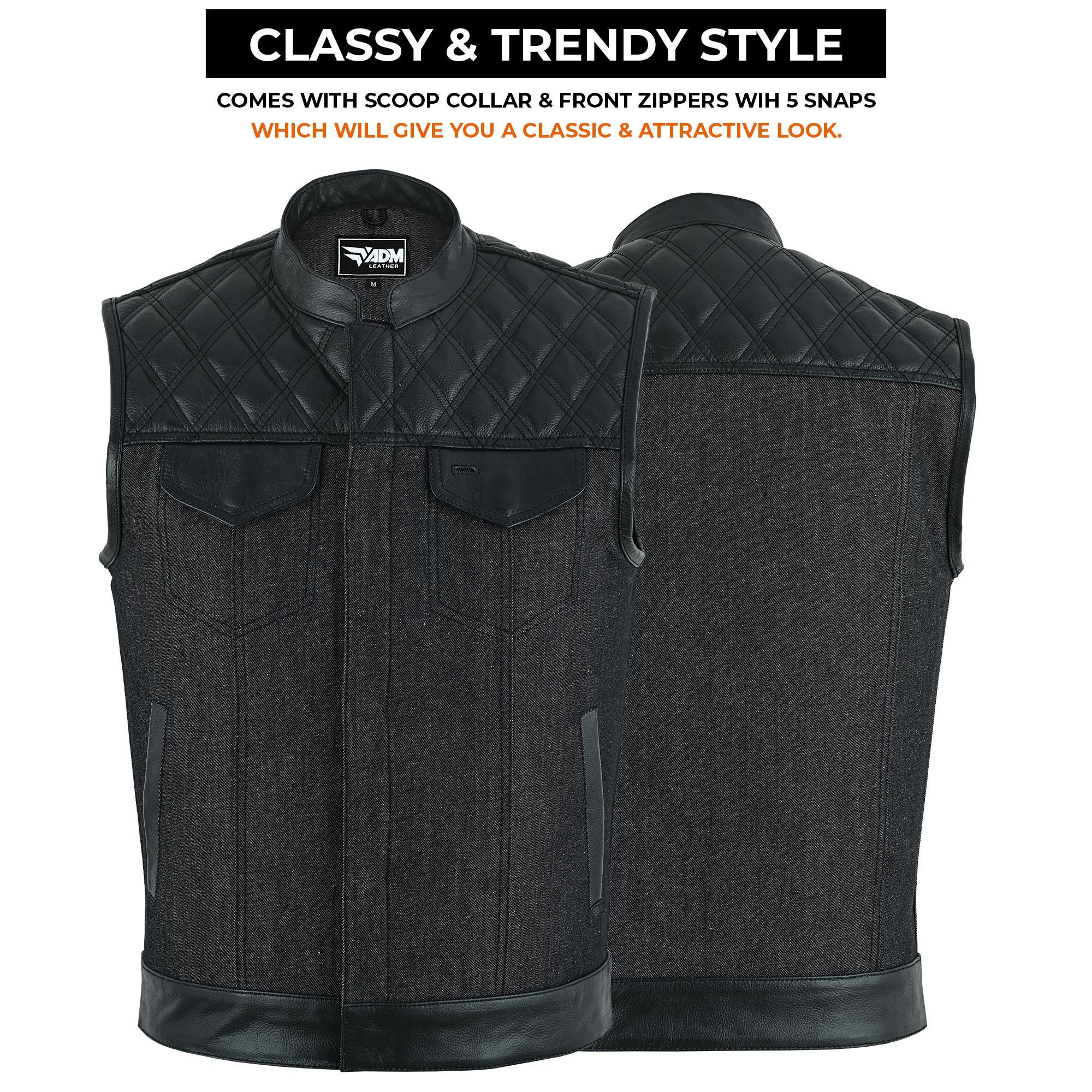 Mens Denim Biker Vest Club Style Motorcycle Concealed Carry Pockets Sleeveless Riding Jacket