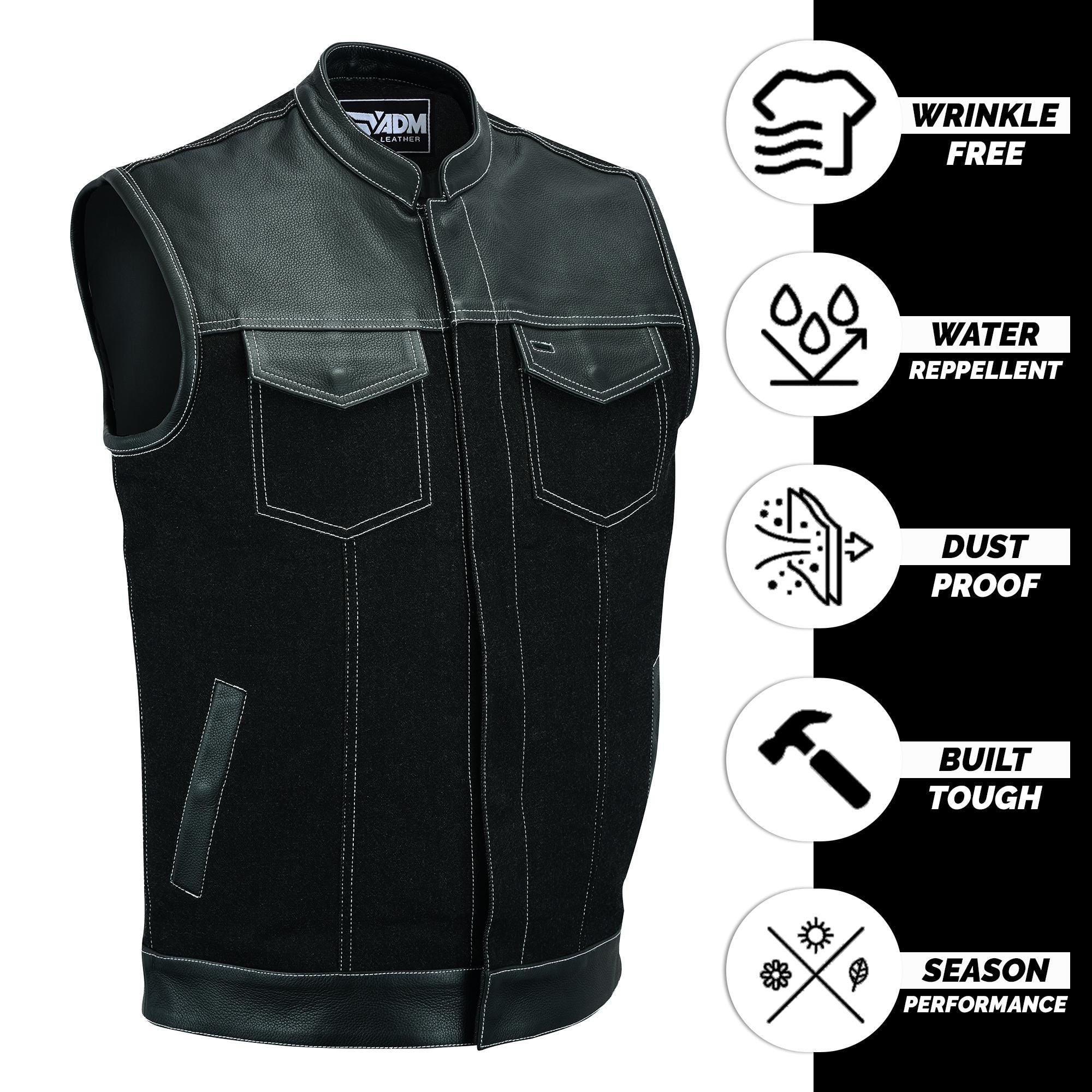 Mens Denim Leather Vest SOA Motorcycle Club Concealed Carry Pockets Heavyweight Fitted Biker Top
