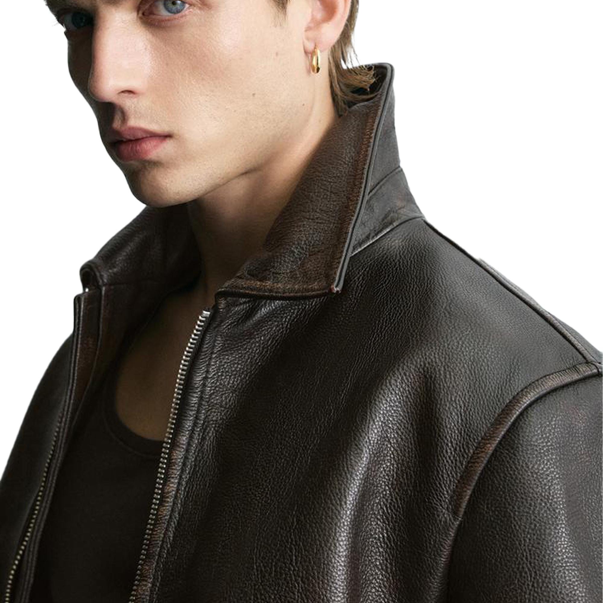 Classic Leather Biker Jacket for Men – Vintage Distressed Brown Streetwear Leather Motorcycle Style Coat