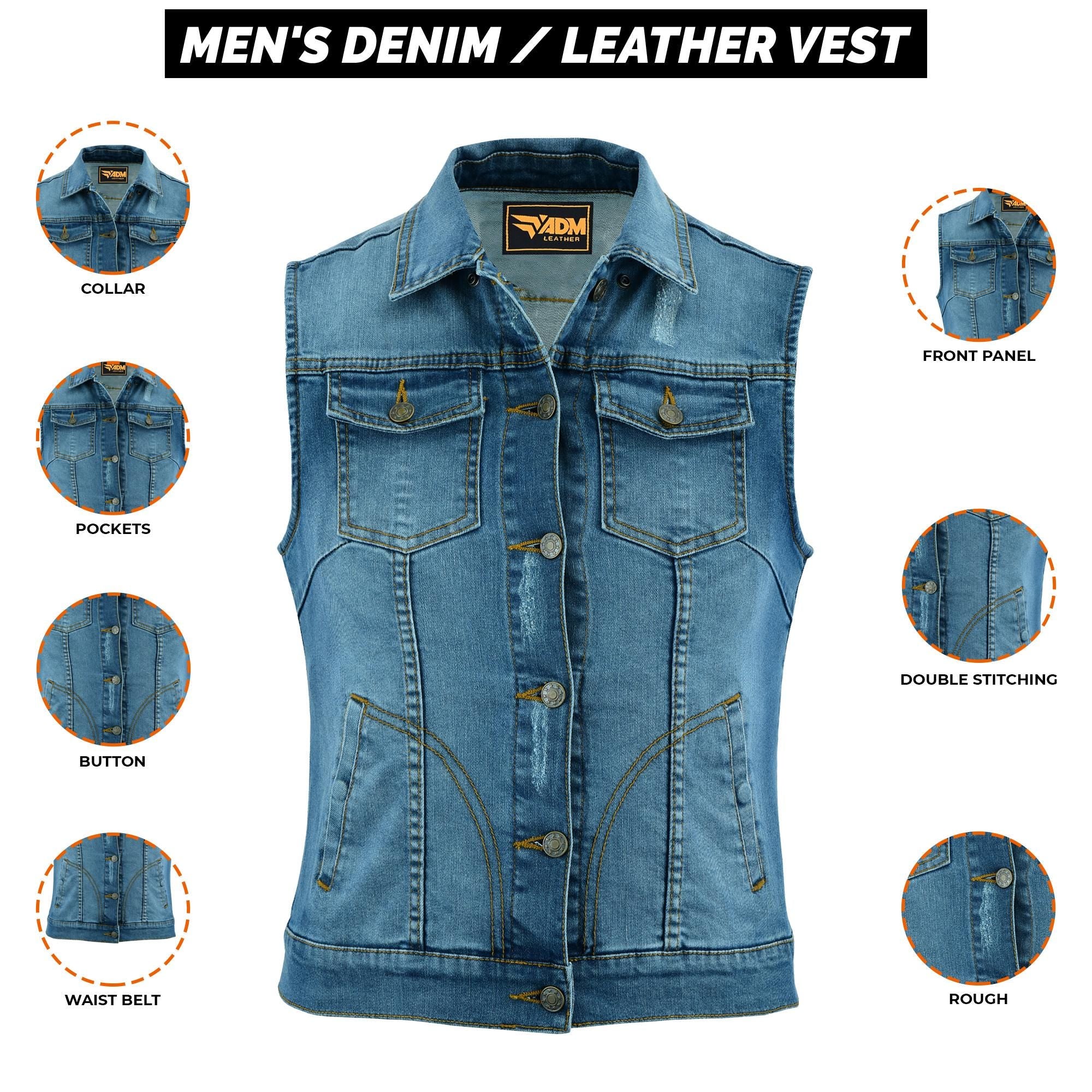 Vintage Denim Vest Mens Blue Jean Biker Cutoff Sleeveless Jacket Western Festival Outfit Trucker
