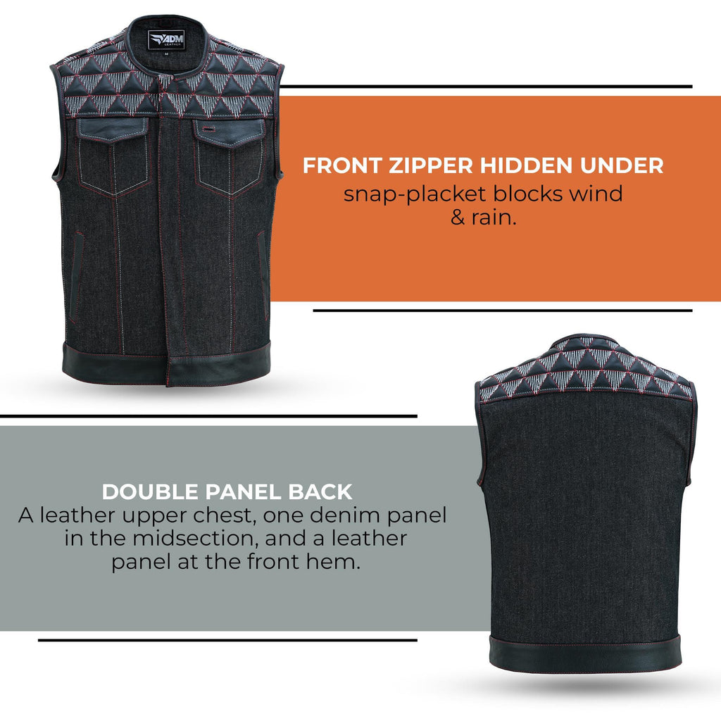 Mens Denim & Leather Motorcycle Vest Embroidered Biker Style Concealed Carry Club Sleeveless Top