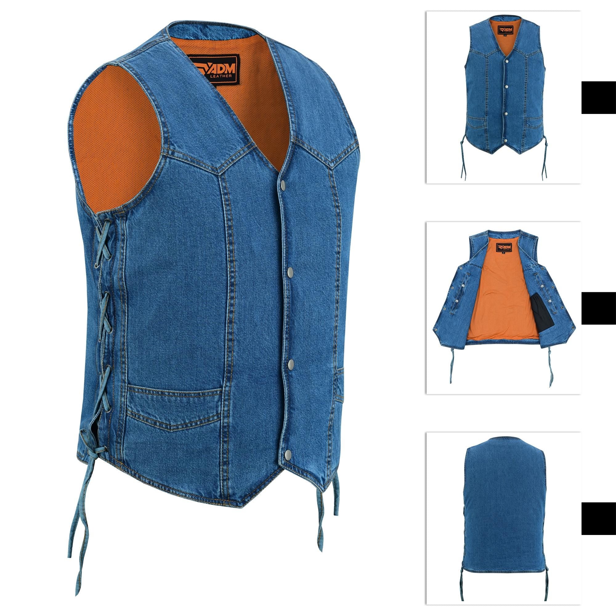 Vintage Biker Denim Vest Men Heavyweight Blue Jean Sleeveless Trucker Style Retro Side Laces