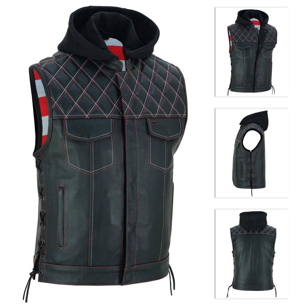 Men's Cowhide Leather Motorcycle Vest with Hood: Concealed Carry Biker Style