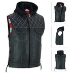 Men's Cowhide Leather Motorcycle Vest with Hood: Concealed Carry Biker Style