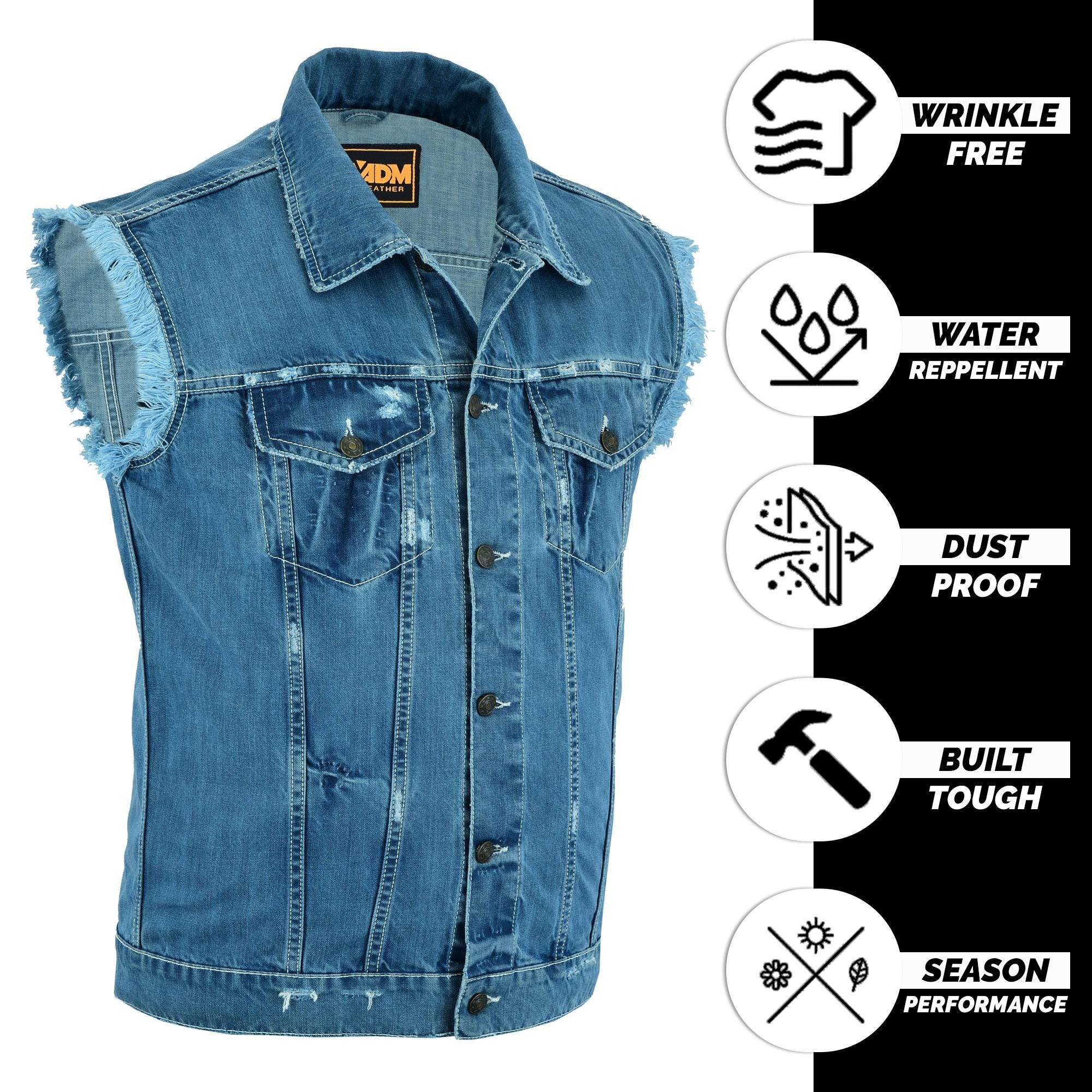 Mens Denim Biker Vest Distressed Washed Blue Jean Cutoff Sleeveless Jacket Punk Style Outwear
