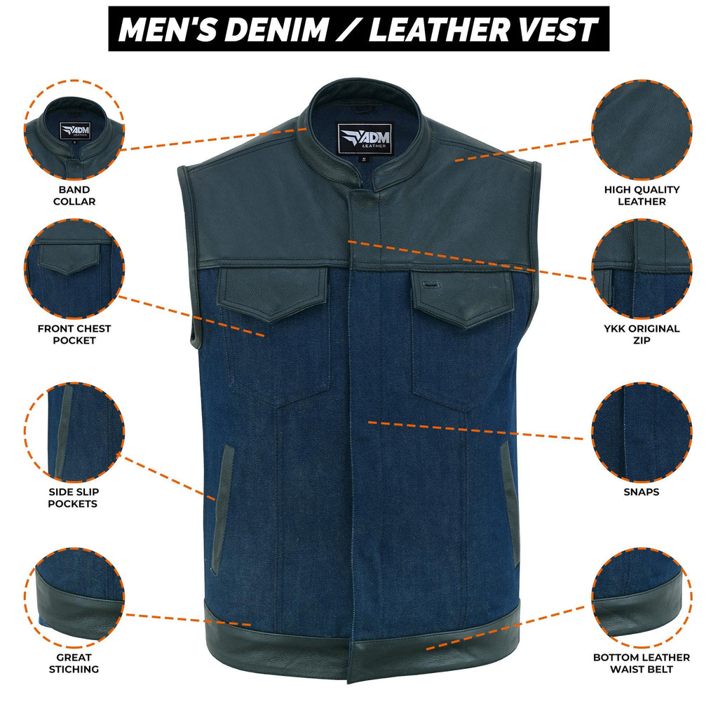 Denim Leather Vest Men SOA Motorcycle Biker Club Style Concealed Carry Riding Sleeveless Jacket