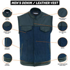 Denim Leather Vest Men SOA Motorcycle Biker Club Style Concealed Carry Riding Sleeveless Jacket