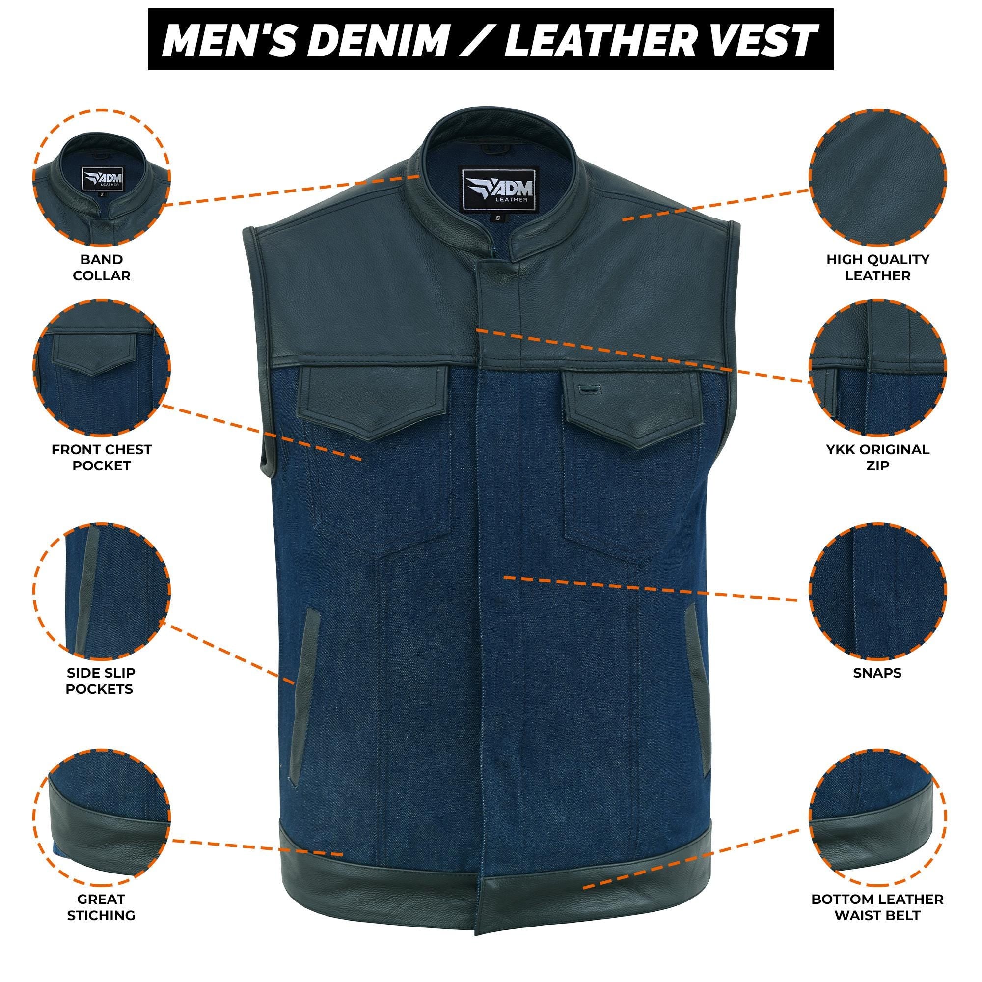 Denim Leather Vest Men SOA Motorcycle Biker Club Style Concealed Carry Riding Sleeveless Jacket