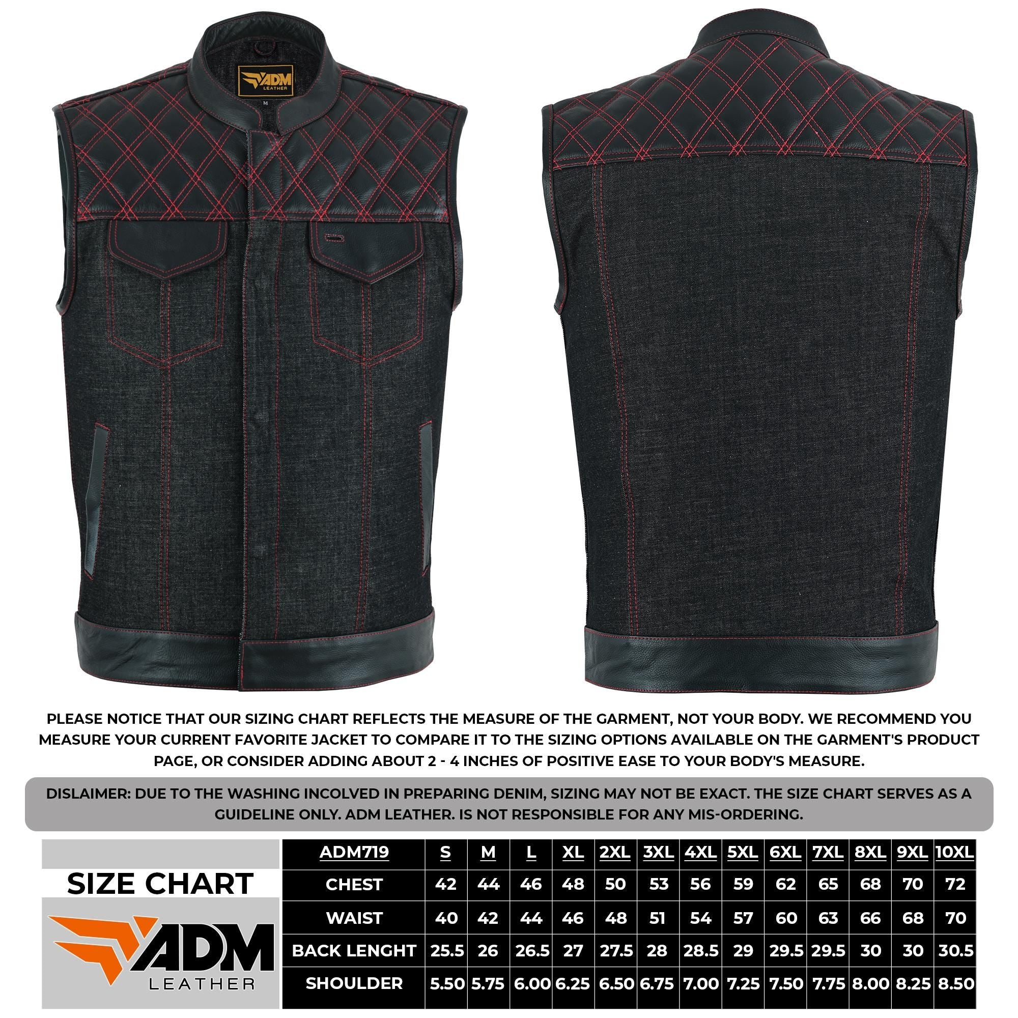 Black Denim Vest Men Biker Leather Trim Red Stitching Motorcycle Sleeveless Fitted Trucker Top