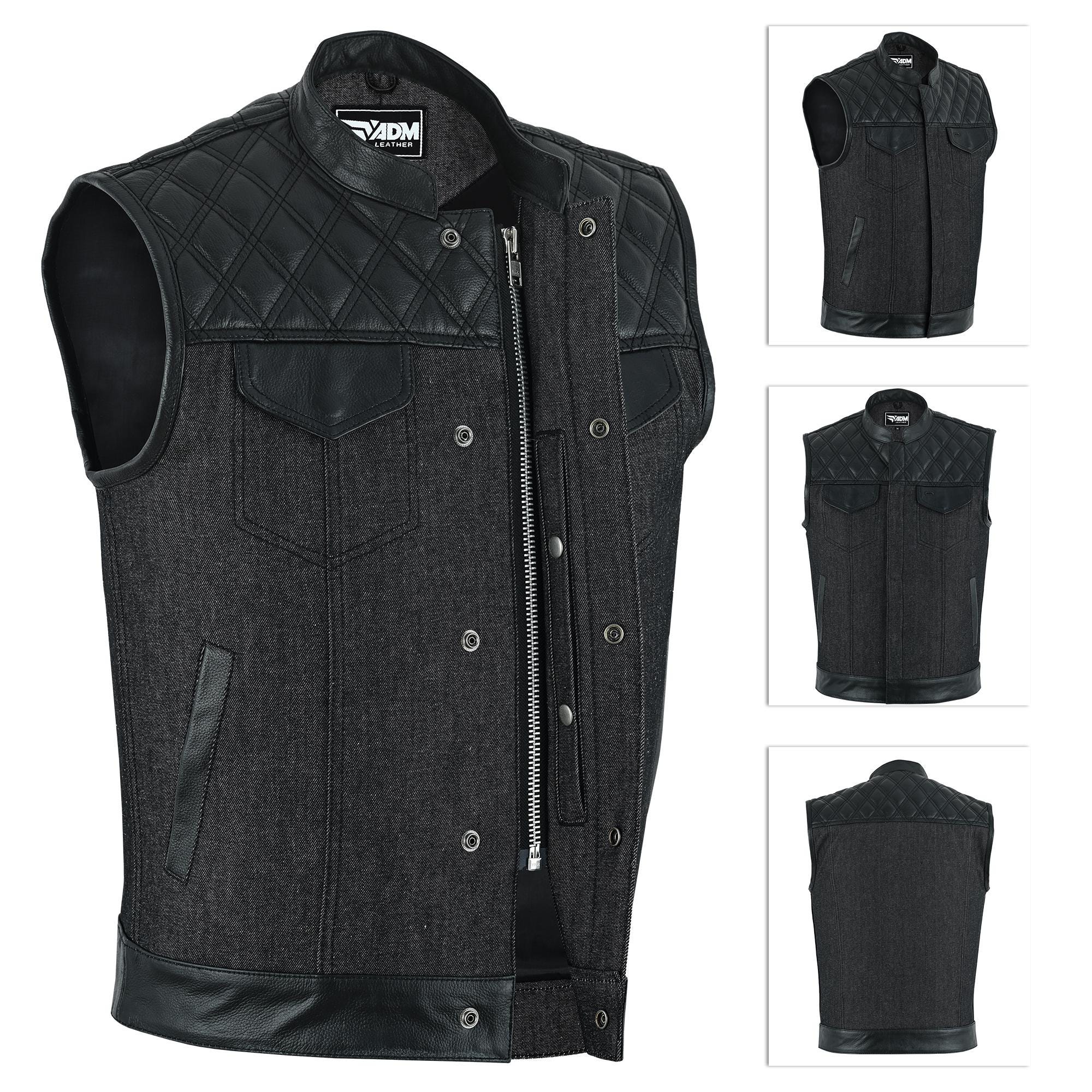 Black Denim Vest Men Biker Motorcycle Club Cutoff Concealed Carry Pockets Sleeveless Jacket