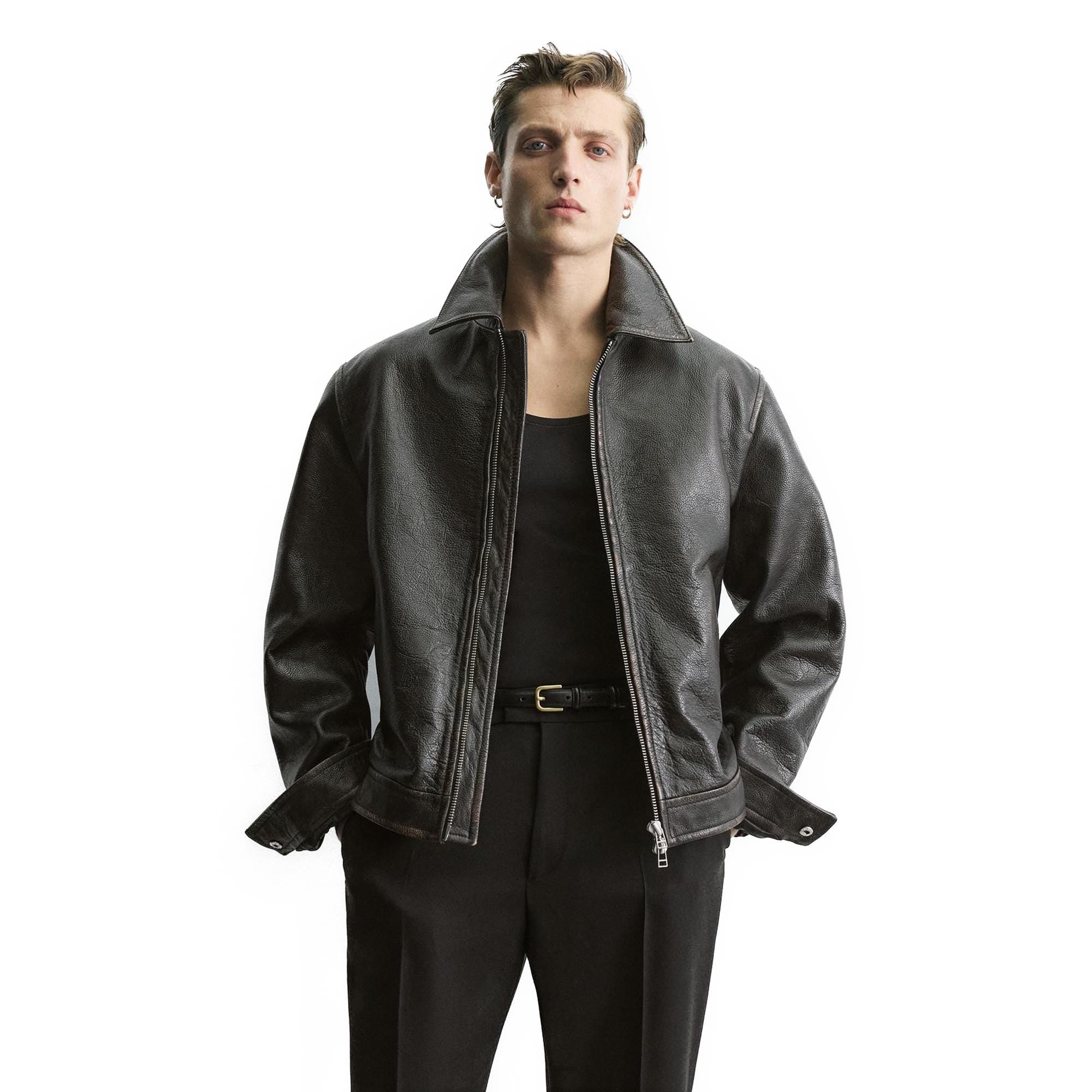 Classic Leather Biker Jacket for Men – Vintage Distressed Brown Streetwear Leather Motorcycle Style Coat