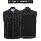 Men's Black Denim Biker Vest | Honeycomb Design, Concealed Pockets