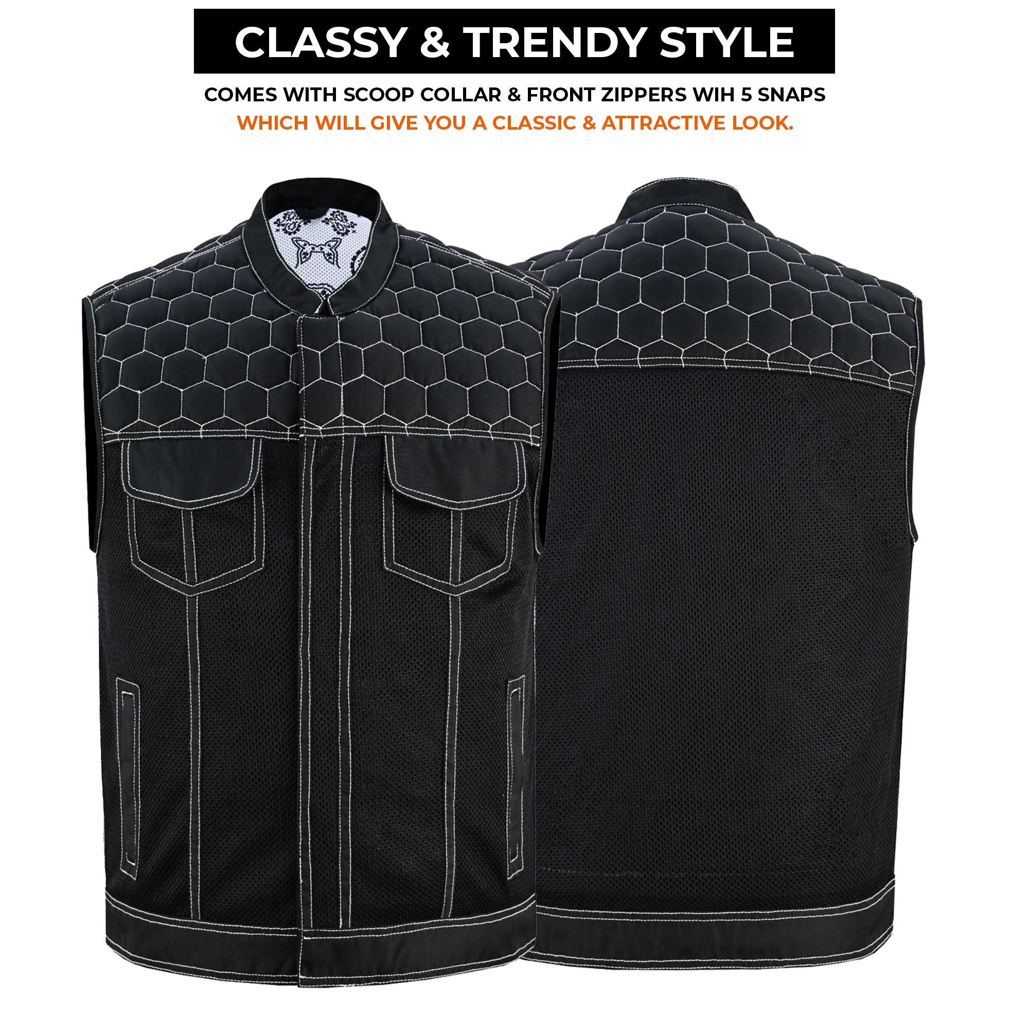 Men's Black Denim Biker Vest | Honeycomb Design, Concealed Pockets
