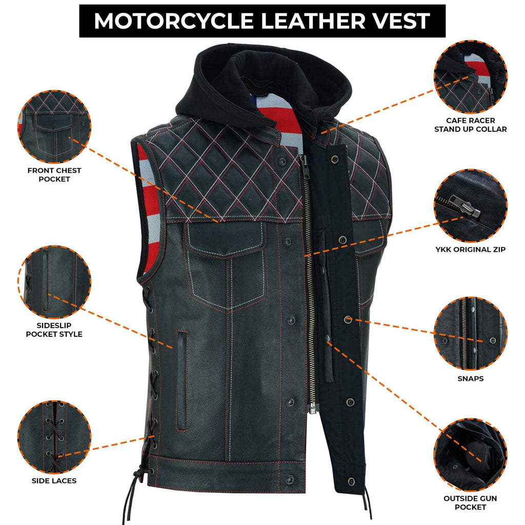 Men's Cowhide Leather Motorcycle Vest with Hood: Concealed Carry Biker Style