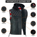 Men's Cowhide Leather Motorcycle Vest with Hood: Concealed Carry Biker Style