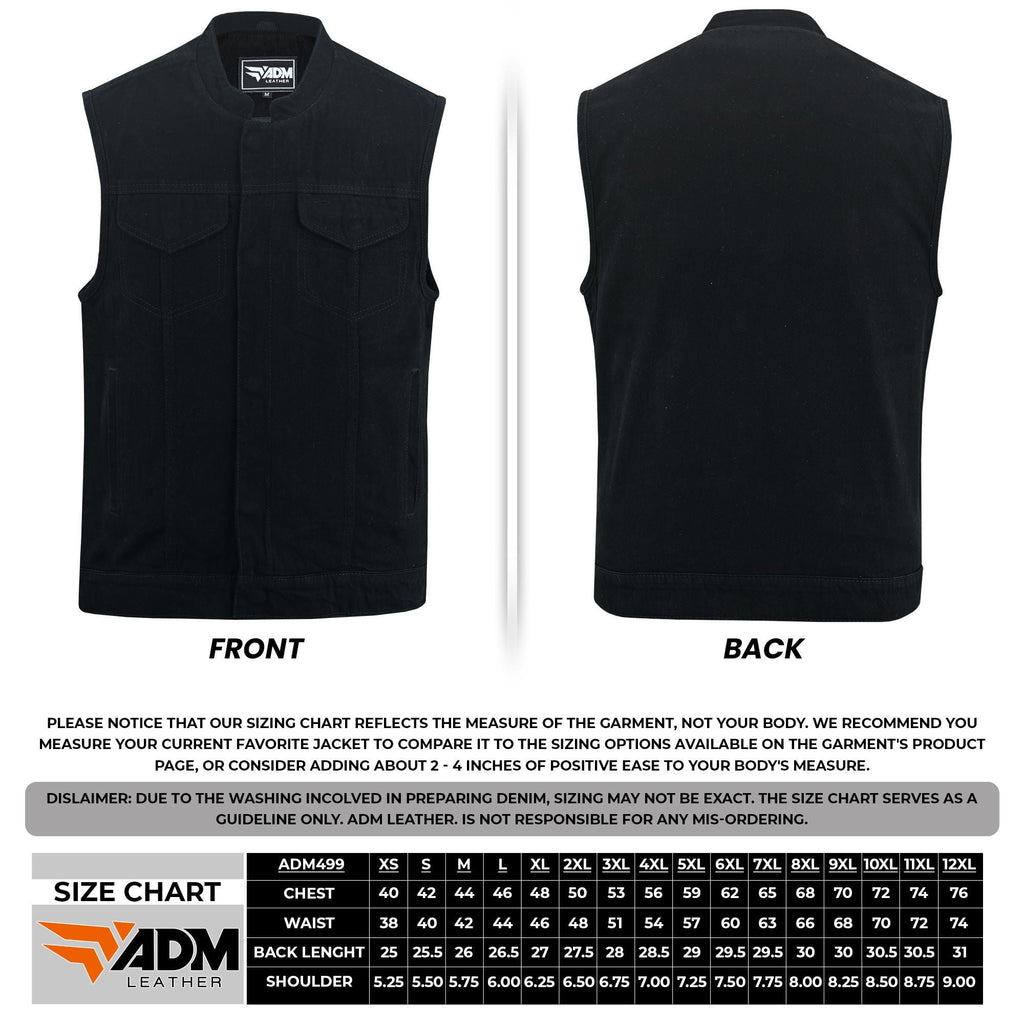 Mens Black Denim Vest Heavyweight Biker Gothic Rocker Sleeveless Jean Jacket Cutoff Punk Style