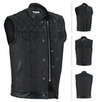 Mens Denim Biker Vest Club Style Motorcycle Concealed Carry Pockets Sleeveless Riding Jacket