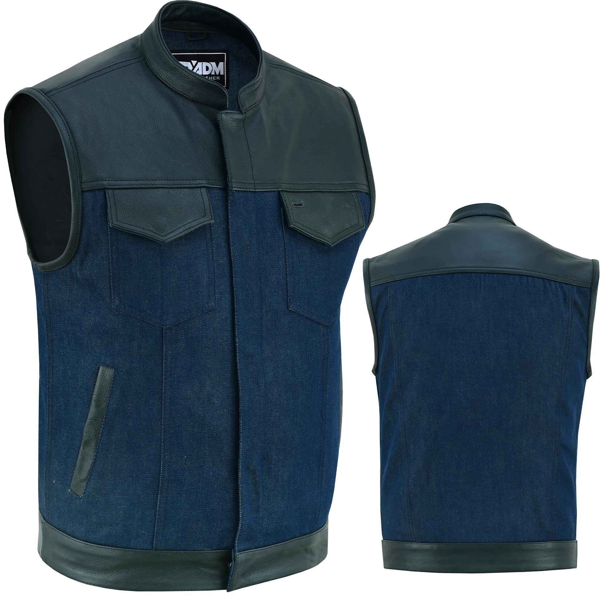 Denim Leather Vest Men SOA Motorcycle Biker Club Style Concealed Carry Riding Sleeveless Jacket